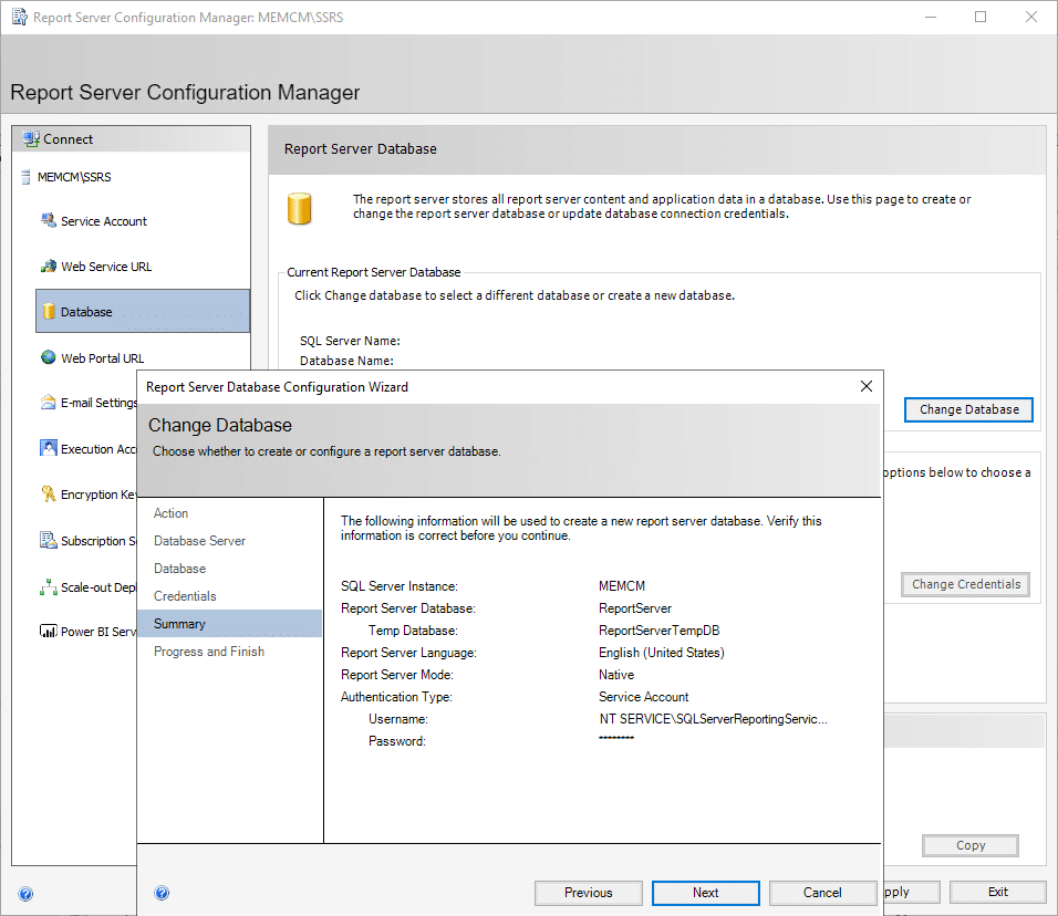 Report Server Configuration Manager Database