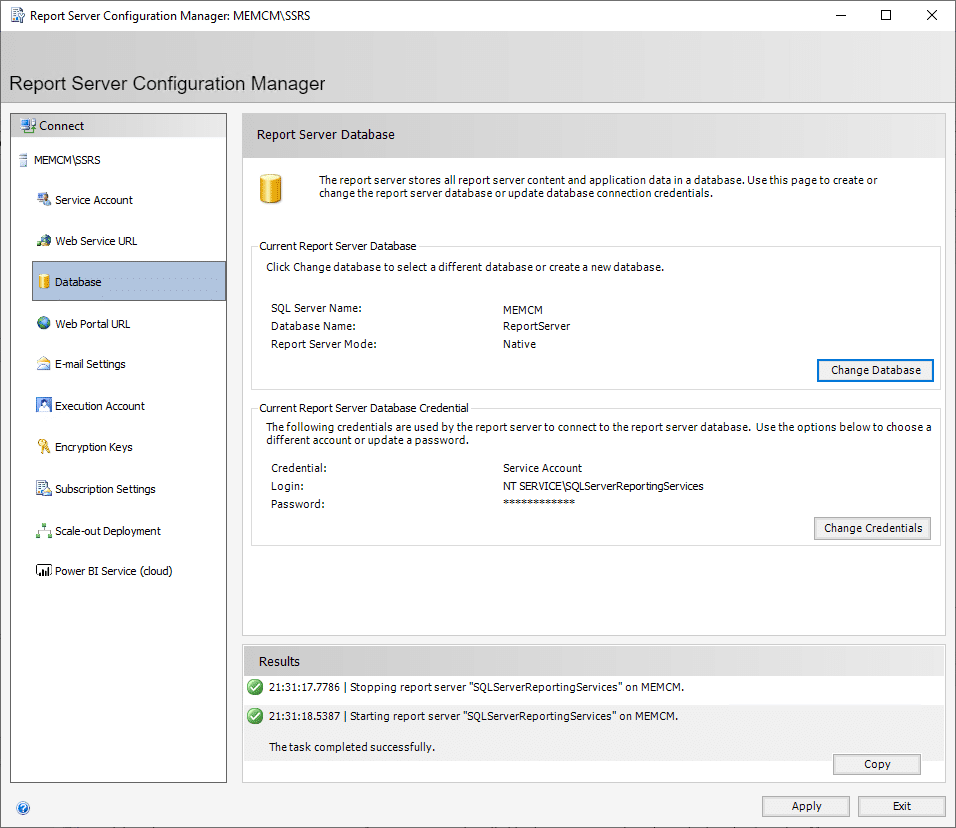 Report Server Configuration Manager Database