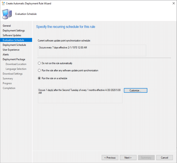 Create Automatic Deployment Rule Wizard Evaluation Schedule