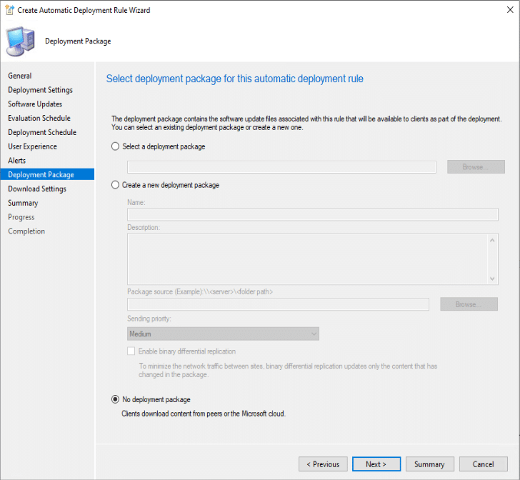 Create Automatic Deployment Rule wizard Deployment Package