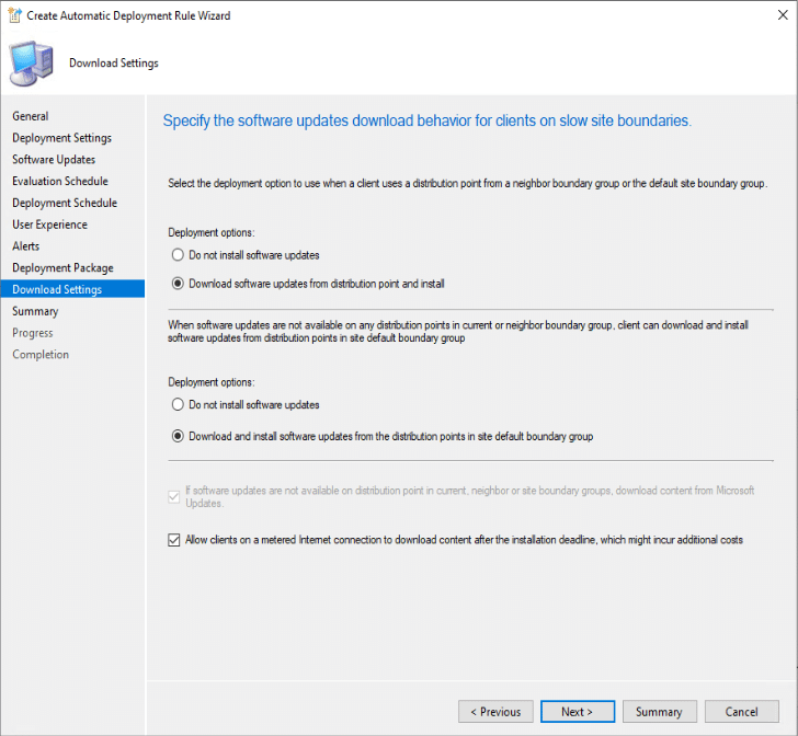 Create Automatic Deployment Rule Wizard Download Settings