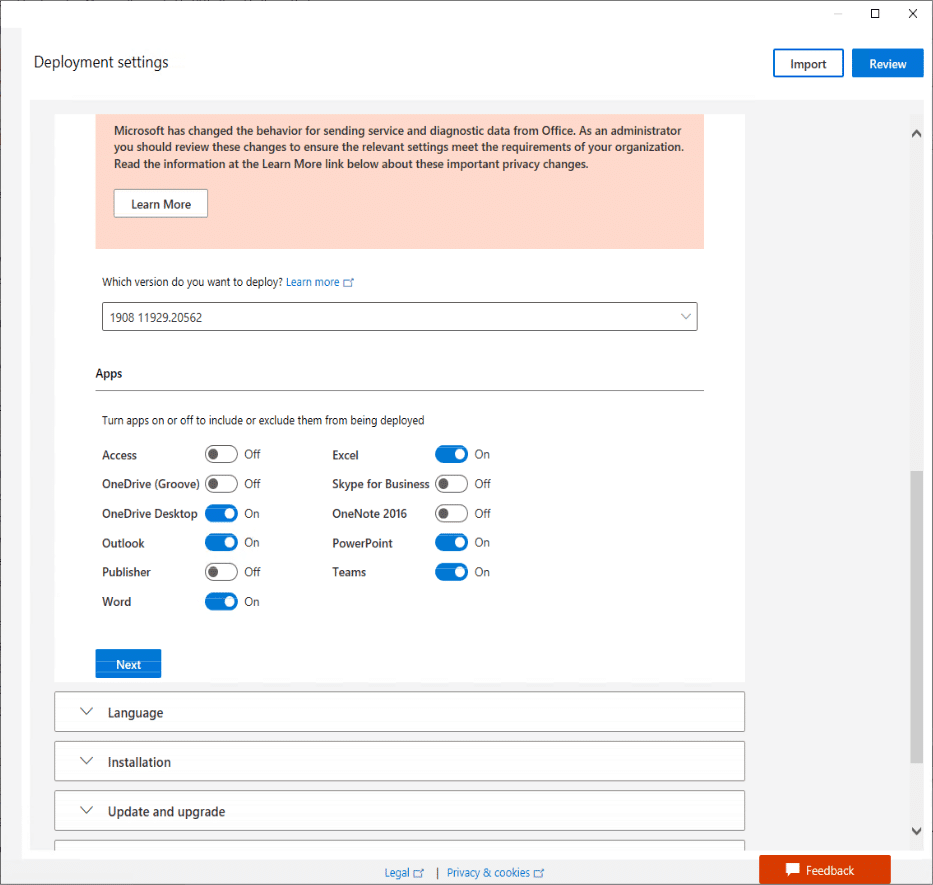 Office 365 Deployment Settings