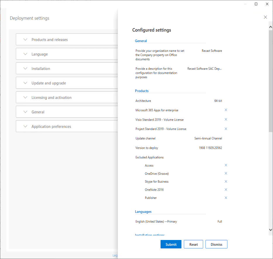 Office 365 Deployment Settings