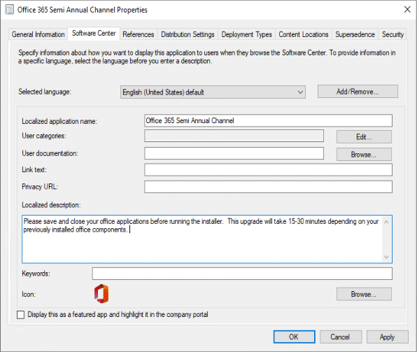 Office 365 Channel Properties