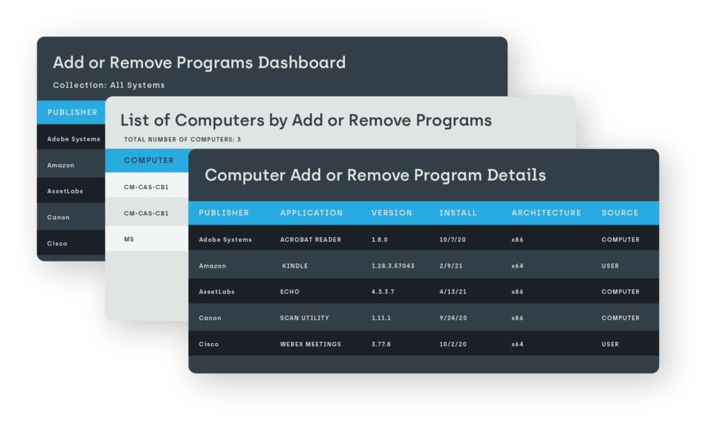 Screenshot of Add or Remove Program Dashboard, List of Computers by Add or Remove Program, and Computer Add or Remove Program Details dashboards.