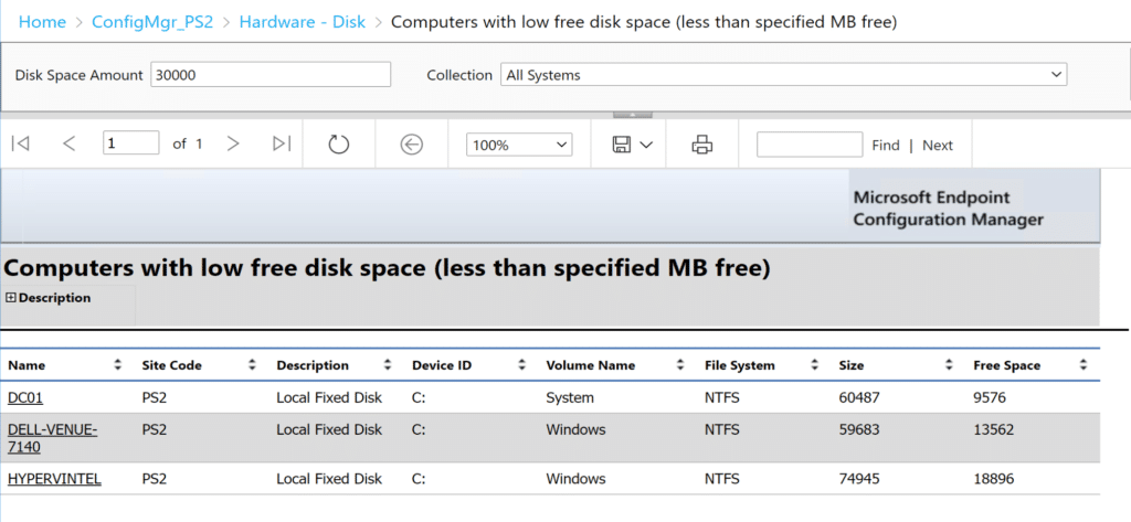 Computers with low free disk space (less than specified MB free) report