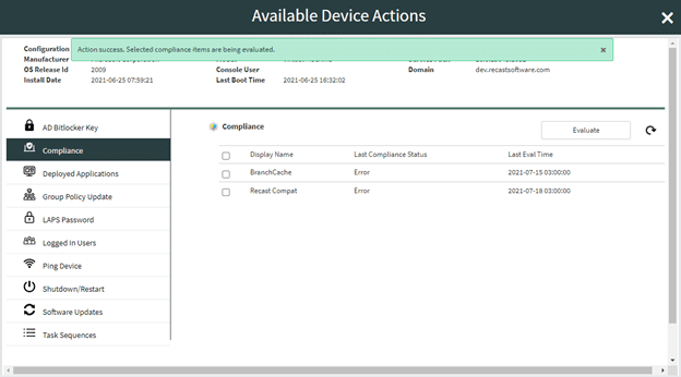 Available Device Actions - Compliance