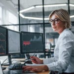 Female stockbroker wearing glasses working on laptop computer beside monitors displaying graphs.