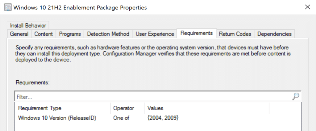 Requirements Tab - Windows 10 21H2