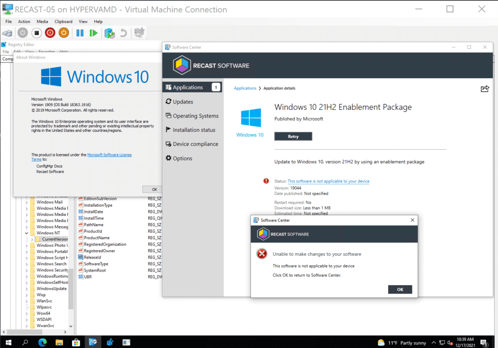 Testing Results - 1909 Machine - Windows 10 21H2