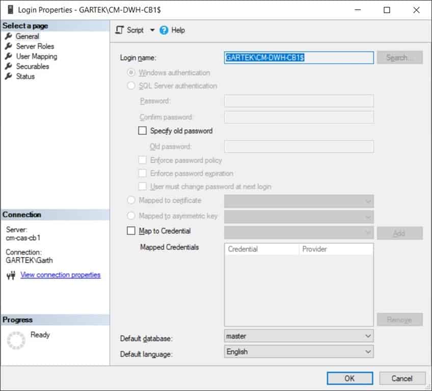 Add Tables to the ConfigMgr Data Warehouse - Login Properties