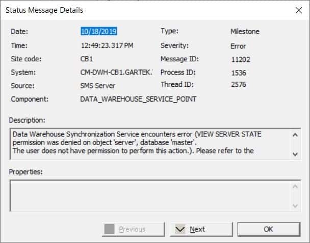 Adicionar tabelas ao data warehouse ConfigMgr - detalhes da mensagem de status