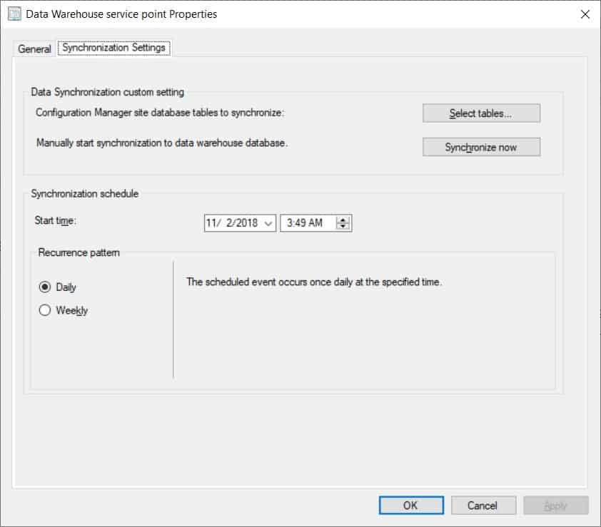 Add Tables to the ConfigMgr Data Warehouse - Synchronization Settings