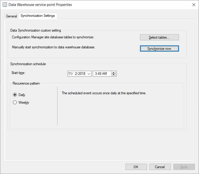 Add Tables to the ConfigMgr Data Warehouse - Synchronize Now