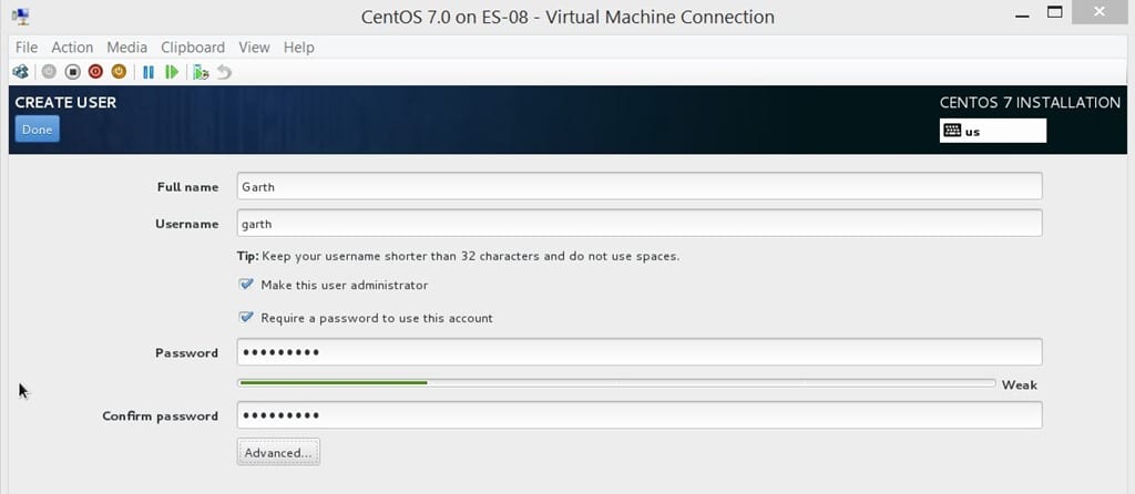 Como instalar um conjunto de máquina virtual Linux CentOS 7 - Detalhes do usuário