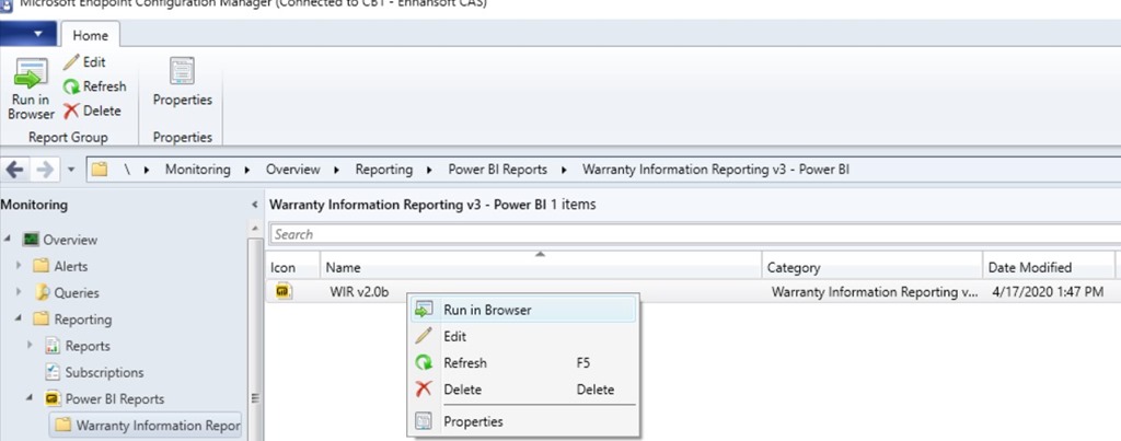 Power BI Report Server som en ConfigMgr Reporting Services Point-Konsoltest-Power BI-körning i webbläsaren