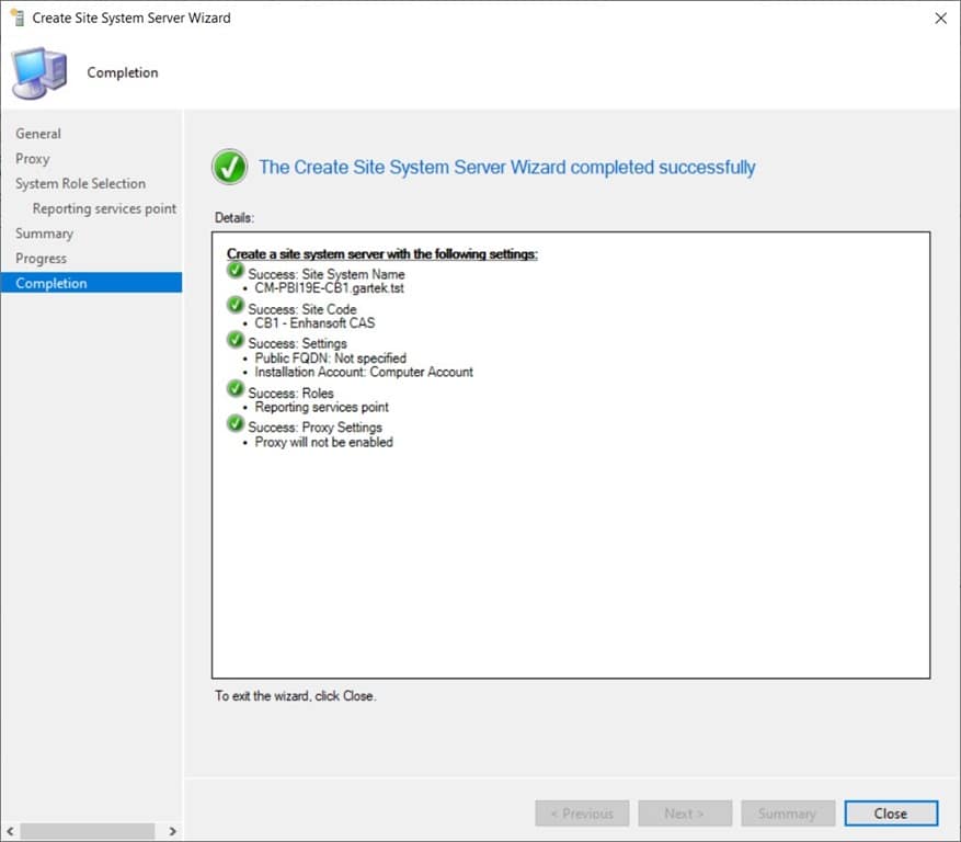 Power BI Report Server as a ConfigMgr Reporting Services Point - Create Site System Server Wizard-Completion Node