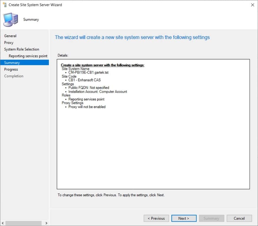 Power BI Report Server as a ConfigMgr Reporting Services Point - Create Site System Server Wizard-Summary Node