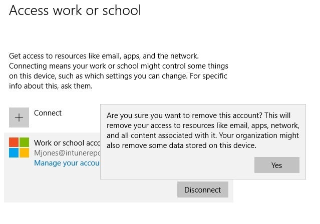 Remove Intune - Workplace Join - Yes Button