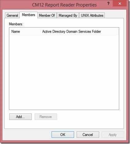 SCCM Report Reader AD Security Group - Members Tab