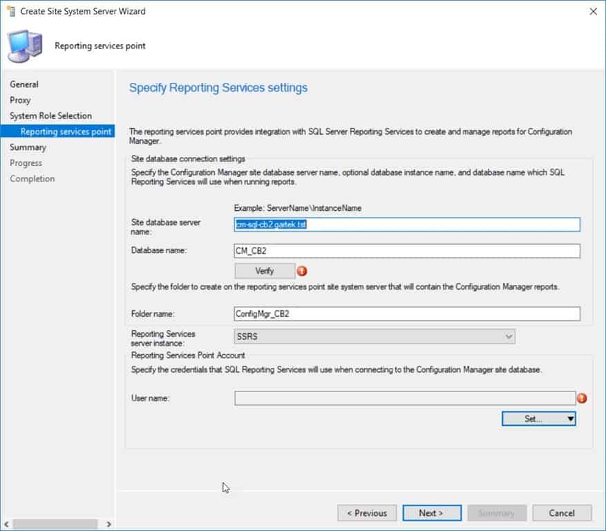 SCCM Reporting Services Point - Specify Reporting Services Settings