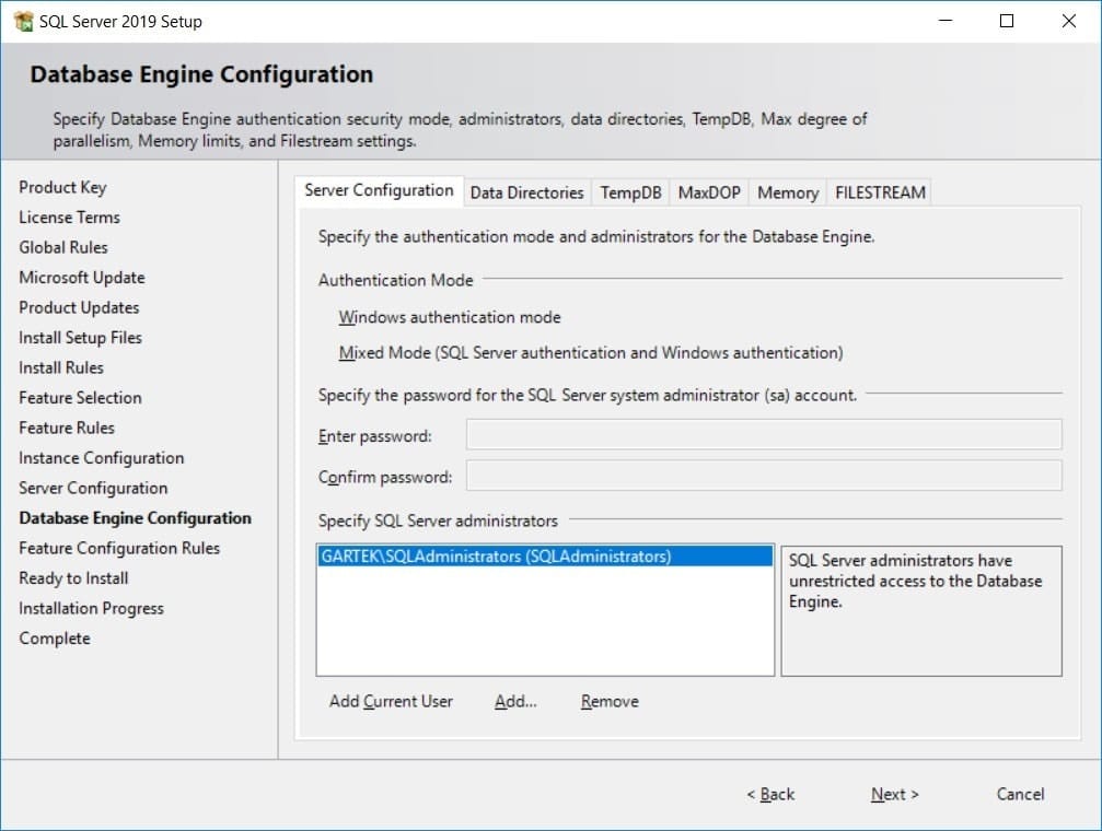 SQL Server 2019 - Database Engine Configuration and SQL Server Admins