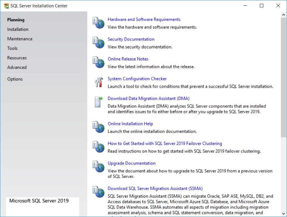 SQL Server 2019 - SQL Server Installation Center