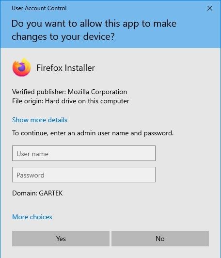 Software installato dall'utente - Firefox UAC