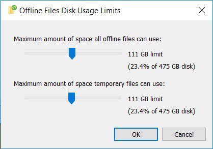 Windows 10 Offline Files - Change Cache Size - Disk Usage Limits