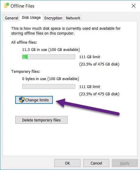 Windows 10 Offline Files - Change Cache Size