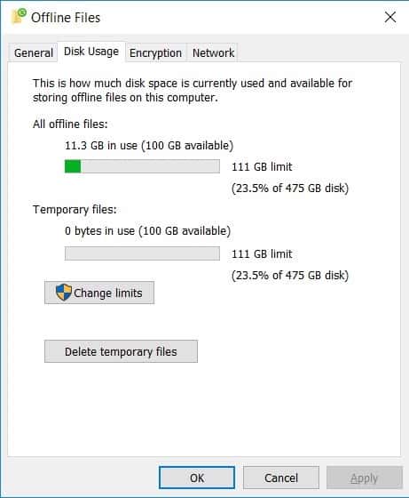 Windows 10 Offline Files - Check Cache Size - Disk Usage