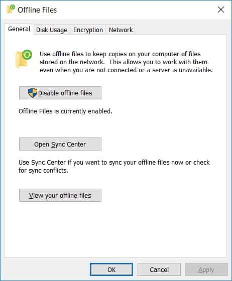 Windows 10 Offline -tiedostot - Tarkista välimuistin koko - Hallitse offline -tiedostoja