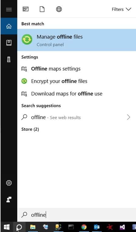 Windows 10 offline -filer - Kontrollera cachestorlek