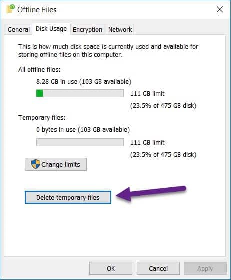 Windows 10 Offline Files - Delete Temp Files