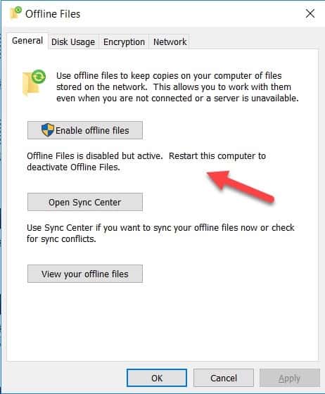 Windows 10 Offline-Dateien - Offline-Dateien deaktivieren - Textänderung