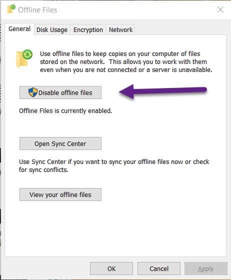 Windows 10 Offline Files - Disable Offline Files