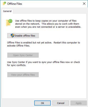 Windows 10 Offline Files - Enable - OK Button