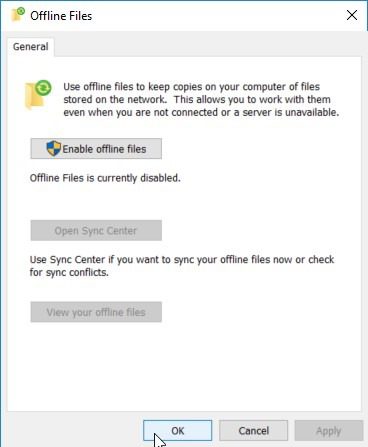 Windows 10 Offline Files - Enable Offline Files