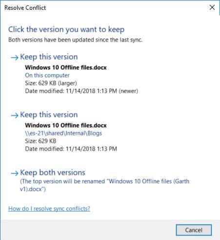 Fichiers hors connexion Windows 10 - Conflits de synchronisation - Résoudre les conflits