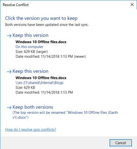 Windows 10 Offline Files - Sync Conflicts - Resolve Conflict