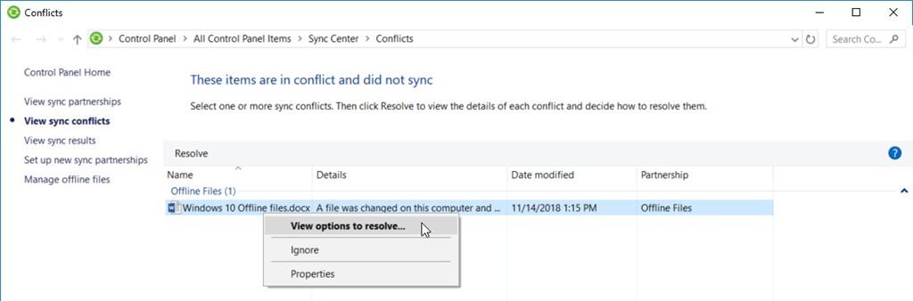 Windows 10 Offline Files - Sync Conflicts - View Options to Resolve