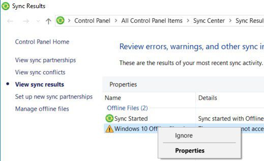 Windows 10 Offline Files - Sync Status - Ignore