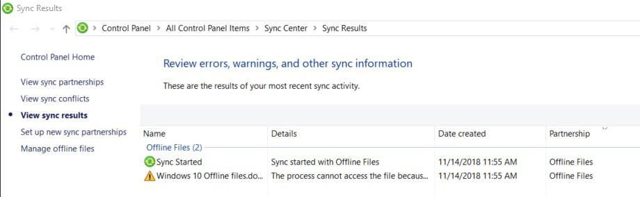 Fichiers hors ligne Windows 10 - État de la synchronisation - Résultats