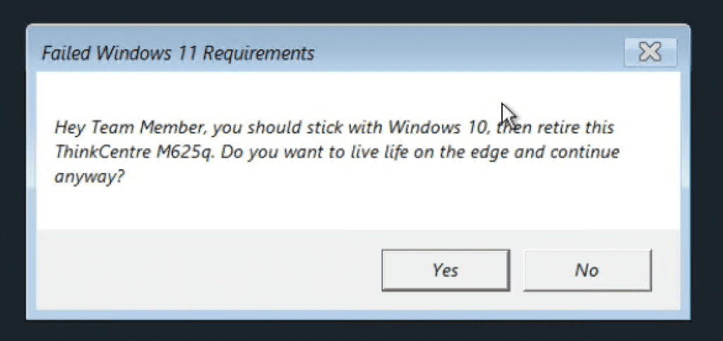Failed Windows 11 Requirements Popup