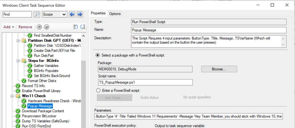 Windows Client Task Sequence Editor - Popup Message