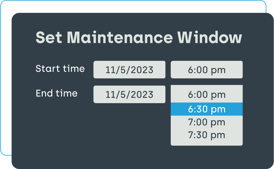 Screenshot from Application Manager showing to set maintenance window and allowing to setup the start time and end time.