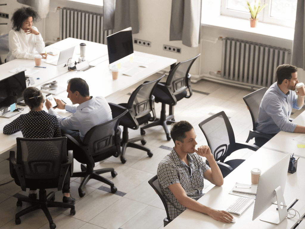 An office setting with several employees sitting and working on their desktops and laptops.