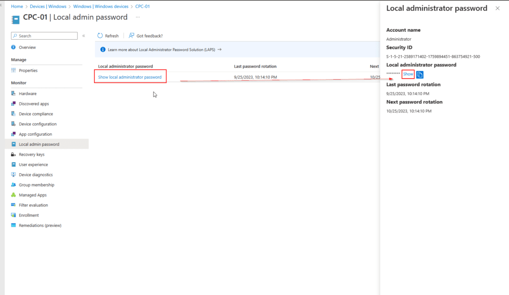 Intune LAPS show local admin password