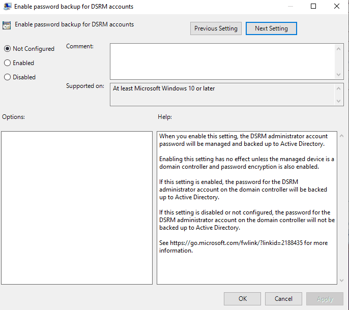 Enable Password Backup for DSRM Accounts 