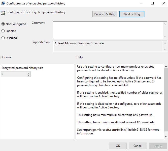 Configure Size of Encrypted Password History